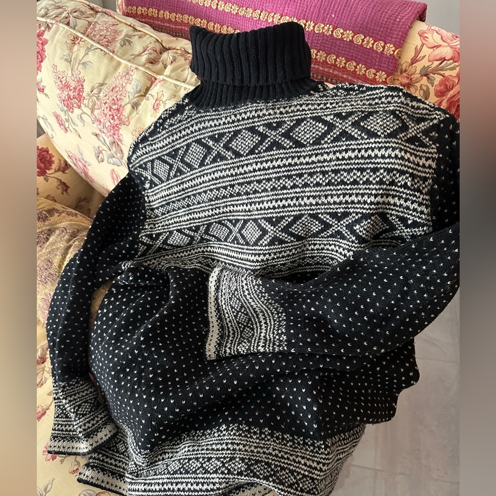 DKNY Black and White Fair Isle Turtleneck Sweater